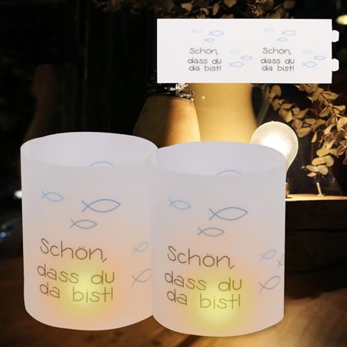 Lollanda 16pc Fisch Windlicht Tischdeko Polterabend, Kommunion Spaß, Taufe Deko Set Mini Tischlichter Kerzen Deko für Mädchen Junge Teelichter Oder LED-Kerzen Konfirmation Deko (Blau) von Lollanda