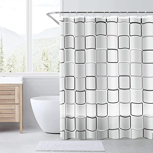 Lollanda 180x200 cm Weiß Duschvorhang Kariert, Transparent Polyester Stoff Waschbar Textil Shower Curtains, PEVA Schnell Trocknend Für Badezimmer, Mit 12 Duschvorhängeringen (Schwarz-weißem Karo) von Lollanda