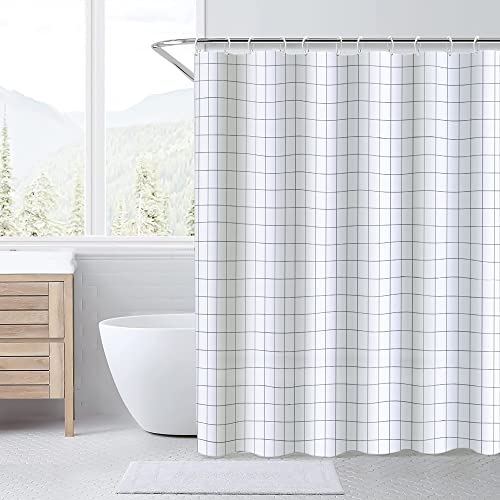 Lollanda 180x200 cm Weiß Duschvorhang Kariert, Transparent Polyester Stoff Waschbar Textil Shower Curtains, PEVA Schnell Trocknend Für Badezimmer, Mit 12 Duschvorhängeringen (Weißem Karo) von Lollanda