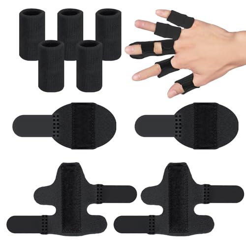 Lollanda 2 Stück Fingerschienen, 2 Stück Kurz Fingerglätter, 5 Stück Fingerschutz Elastische, Verstellbare Fingerstütze Finger Brace für Gebrochene,Verstauchte,Arthritis,Geschwollene Finger (Schwarz) von Lollanda