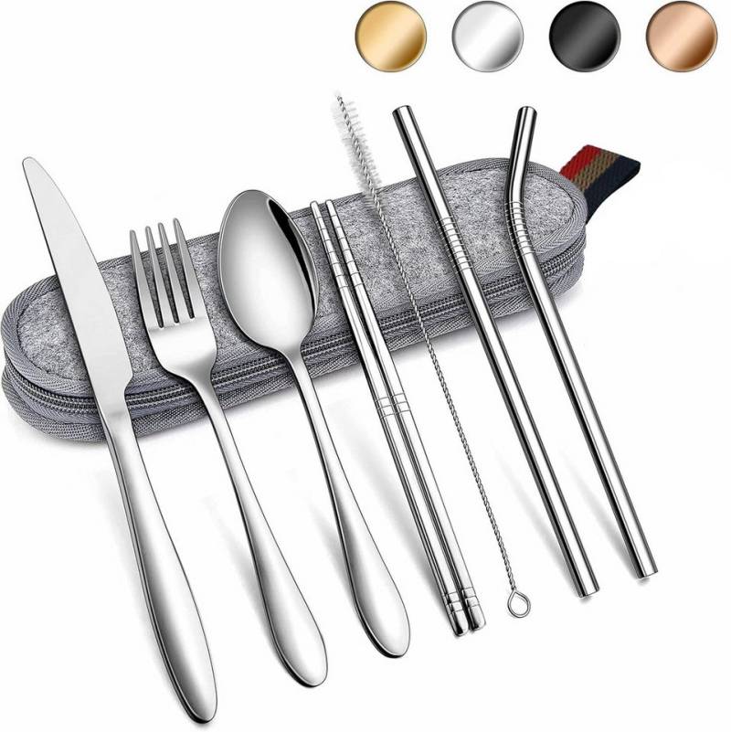 Auledio Besteck-Set Reisebesteck Set 8-teilig: Camping Besteck aus Edelstahl mit Tasche (8-tlg), Edelstahl, Edelstahl, umweltfreundlich, robust, tragbar, vielseitig von Auledio