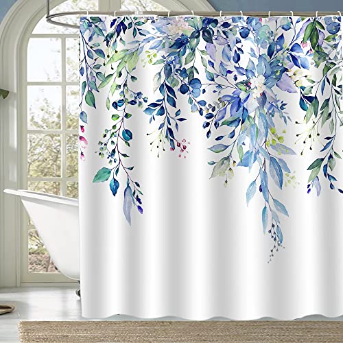 Lollanda Blumen Duschvorhänge 180x180cm Blau Blätter, Shower Curtains Waschbar für Badezimmer und Badewanne, Wasserdicht Polyester Stoff Textil Duschvorhänge Mit 12 Haken (Blau) von Lollanda