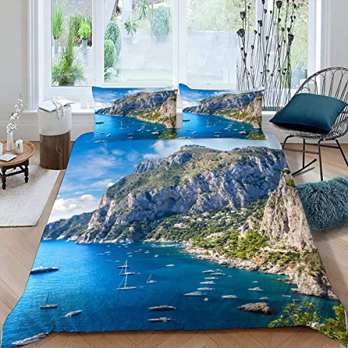 100% Mikrofaser Bettwäsche-Sets Capri, Italien Bettbezug 200x200 cm mit Reißverschluss Natürliche Landschaft Bettwäsche-Sets 3 Teilig Erwachsene Weiche Bettbezüge mit 2 Kissenbezüge 80x80 cm von Lolosale