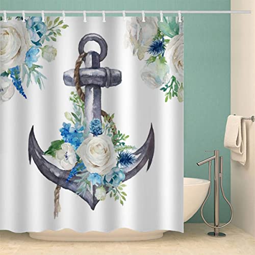 100% Polyester Aquarell Nautisch Duschvorhang 240x200 Anti-Schimmel Textil Waschbar Wasserdicht Lang Duschvorhänge Blume Anker Shower Curtain mit 12 Hooks für Badezimmer Badewanne Badvorhang von Lolosale