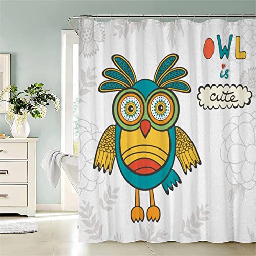 100% Polyester Eule Duschvorhang 240x200 Anti-Schimmel Textil Waschbar Wasserdicht Lang Duschvorhänge Süße Cartoon-Tiere Shower Curtain mit 12 Hooks für Badezimmer Badewanne Badvorhang von Lolosale