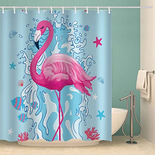 100% Polyester Flamingo Seestern Duschvorhang 240x200 Anti-Schimmel Textil Waschbar Wasserdicht Lang Duschvorhänge Sommerlicher Stil Shower Curtain mit 12 Hooks für Badezimmer Badewanne Badvorhang von Lolosale