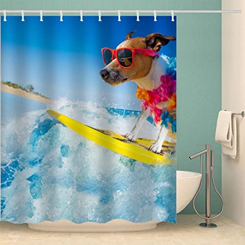 Lolosale Crossel-Hund Surfen Duschvorhang Anti-Schimmel Sommer Ozean 3D Motiv Textil Waschbar Duschvorhänge 120x180 cm mit 12 Duschvorhangringen für Badezimmer Badewanne Wasserdicht Badvorhang von Lolosale