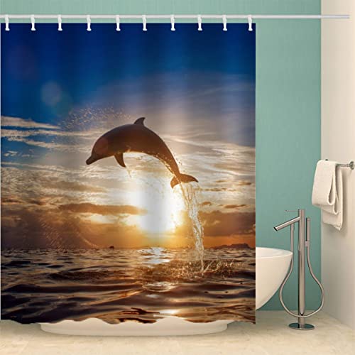 Duschvorhang 180x180 Delfin Anti-Schimmel Polyester Wasserdicht Duschvorhänge Sonnenuntergang Shower Curtain mit 12 Hooks für Badezimmer Badewanne Anti-Bakteriell Waschbar Badvorhang von Lolosale
