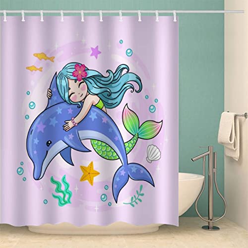 Duschvorhang 180x180 Delphin Meerjungfrau Anti-Schimmel Polyester Wasserdicht Duschvorhänge Meereslebewesen Shower Curtain mit 12 Hooks für Badezimmer Badewanne Anti-Bakteriell Waschbar Badvorhang von Lolosale