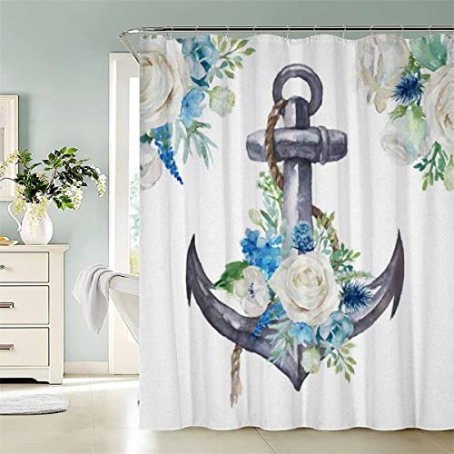 Duschvorhang 180x200 Aquarell Nautisch Anti-Schimmel Schwer Stoff Polyester Wasserdicht Duschvorhänge Handgezeichneter Anker Shower Curtain mit 12 Duschvorhangringen für Badezimmer Waschbar Badvorhang von Lolosale