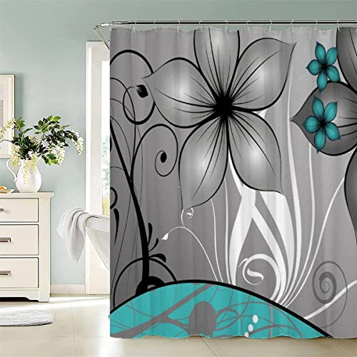 Duschvorhang 180x200 Blume Anti-Schimmel Schwer Stoff Polyester Wasserdicht Duschvorhänge Türkis Grau Shower Curtain mit 12 Duschvorhangringen für Badezimmer Waschbar Badvorhang von Lolosale