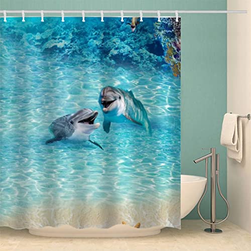 Duschvorhang 180x200 Delfin Anti-Schimmel Schwer Stoff Polyester Wasserdicht Duschvorhänge Sommer Ozean Shower Curtain mit 12 Duschvorhangringen für Badezimmer Waschbar Badvorhang von Lolosale