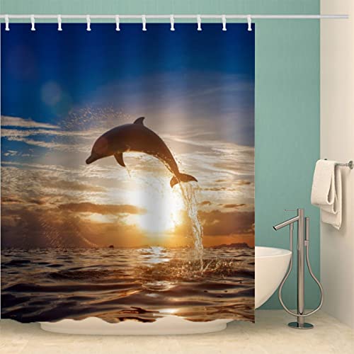 Duschvorhang 180x200 Delfin Anti-Schimmel Schwer Stoff Polyester Wasserdicht Duschvorhänge Sonnenuntergang Shower Curtain mit 12 Duschvorhangringen für Badezimmer Waschbar Badvorhang von Lolosale