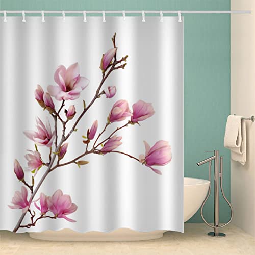 Duschvorhang 180x200 Magnolie Anti-Schimmel Schwer Stoff Polyester Wasserdicht Duschvorhänge Pinke Blume Shower Curtain mit 12 Duschvorhangringen für Badezimmer Waschbar Badvorhang von Lolosale