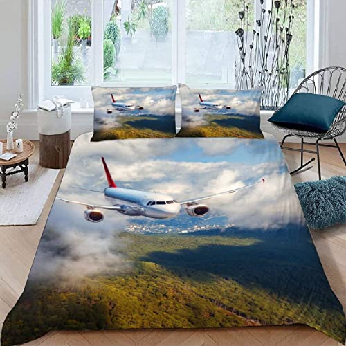 Lolosale Flugzeug Bettwäsche 135x200 Atmungsaktive Weiche Mikrofaser Waldlandschaft Bettbezug mit ReißVerschluss Sommer 3 Teilig Bettwäsche Set Für Kinder Bettbezüge und 2 Kissenbezug 80x80 cm von Lolosale