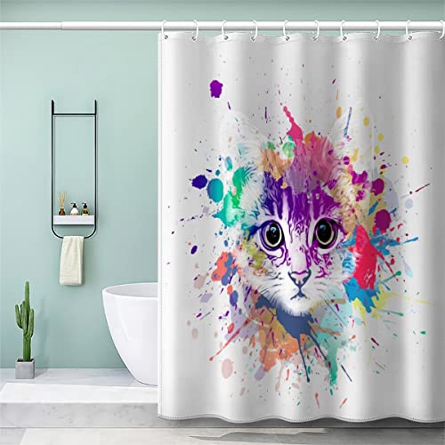 Haustier Tier Duschvorhang Anti-Schimmel Abstrakte Bunte Katze 3D Motiv Textil Waschbar Duschvorhänge 120x180 cm mit 12 Duschvorhangringen für Badezimmer Badewanne Wasserdicht Badvorhang von Lolosale