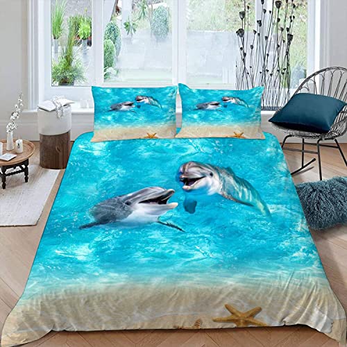 Lolosale Kinderbettwäsche 135x200 3D Delphin Ozean Bettbezug 135x200 mit ReißVerschluss Unterwasserwelt Bettwäsche Set Sommer Weiche Mikrofaser Kinderbettwäsche Bettbezüge mit 2 Kissenbezug 80x80 cm von Lolosale