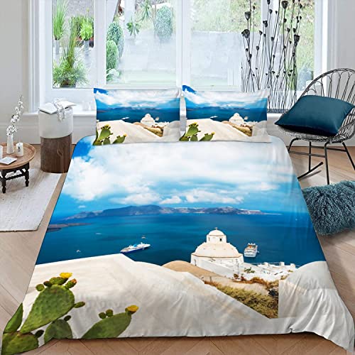 Kinderbettwäsche 135x200 3D Insel Santorini Griechenland Bettbezug 135x200 mit ReißVerschluss Sommerlandschaft Bettwäsche Set Sommer Mikrofaser Kinderbettwäsche Bettbezüge mit 2 Kissenbezug 80x80 cm von Lolosale