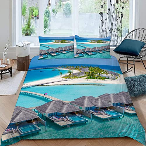 Lolosale 100% Mikrofaser Bettwäsche-Sets Malediven-Insel Bettbezug 200x200 cm mit Reißverschluss Blick Auf Den Strand Bettwäsche-Sets 3 Teilig Erwachsene Weiche Bettbezüge mit 2 Kissenbezüge 80x80 cm von Lolosale