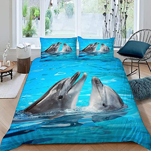 Lolosale Delfin Kinderbettwäsche 135x200 3D Motiv 100% Mikrofaser Bettbezug mit Reißverschluss Meereslebewesen 3 Teilig Bettwäsche-Sets Mädchen Jungen Bettbezüge mit 2 Kissenbezüge 80x80 cm von Lolosale