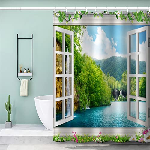 Natürliche Landschaft Duschvorhang Anti-Schimmel Ozean 3D Motiv Textil Waschbar Duschvorhänge 120x180 cm mit 12 Duschvorhangringen für Badezimmer Badewanne Wasserdicht Badvorhang von Lolosale