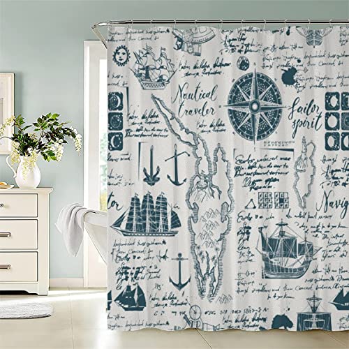 Nautische Symbole Duschvorhang Anti-Schimmel Retro-Stil 3D Motiv Textil Waschbar Duschvorhänge 120x180 cm mit 12 Duschvorhangringen für Badezimmer Badewanne Wasserdicht Badvorhang von Lolosale