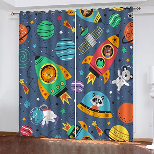 Rakete Weltraum Tiere Vorhang Blickdicht B 150 X H 166 cm Zeichentrickfilm Für Kinder Gardinen mit ösen Polyester Schallschutz Vorhänge 2er Set für Jugendzimmer Wohnzimmer Schlafzimmer Modern Home von Lolosale