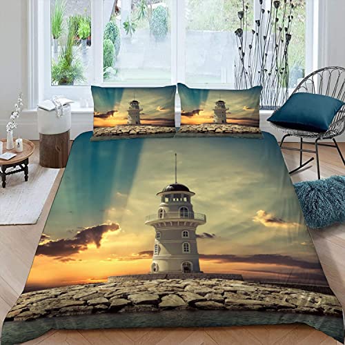 Lolosale Sonnenuntergang Leuchtturm Bettwäsche 135x200 Atmungsaktive Weiche Mikrofaser Nautisches Thema Bettbezug mit ReißVerschluss3 Teilig Set Für Kinder Bettbezüge und 2 Kissenbezug 80x80, Color12 von Lolosale