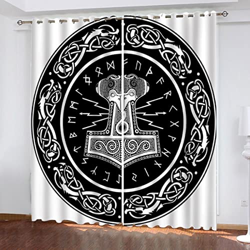 Vorhang Blickdicht mit Ösen Wikinger Verdunkelungsvorhang 2er Set, Odin Hammer Polyester Schallschutz Gardinen für Jungen Mädchen Wohnzimmer Schlafzimmer Vorhänge B 220 X H 215 cm von Lolosale