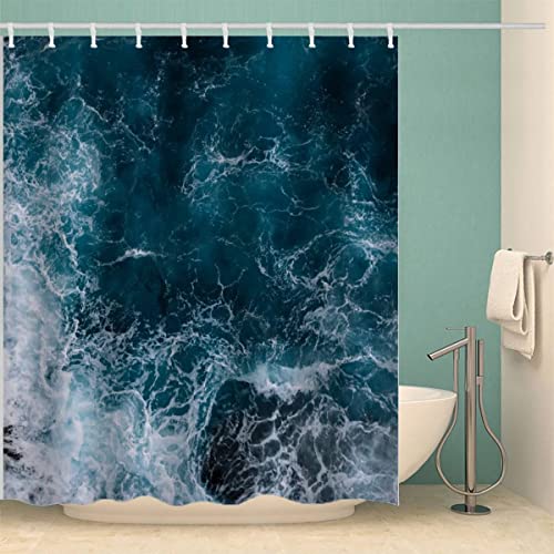 Wellen Duschvorhang Anti-Schimmel Blaues Meer 3D Motiv Textil Waschbar Duschvorhänge 120x180 cm mit 12 Duschvorhangringen für Badezimmer Badewanne Wasserdicht Badvorhang von Lolosale
