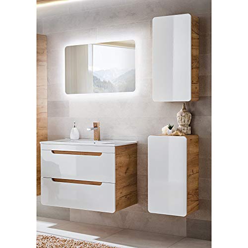 Badezimmer Badmöbel Komplett Set, Hochglanz weiß mit Wotan Eiche Nb., 81 cm Waschtischunterschrank mit Keramik-Waschbecken, 80 cm LED-Spiegel, Hängeschrank, Unterschrank, B/HT ca. 130/200/46 cm Badezimmer Badmöbel Komplett Set, Hochglanz weiß mit Wotan Eiche Nb., 81 cm Waschtischunterschrank mit Keramik-Waschbecken, 80 cm LED-Spiegel, Hängeschrank, Unterschrank, B/HT ca. 130/200/46 cm von Lomadox