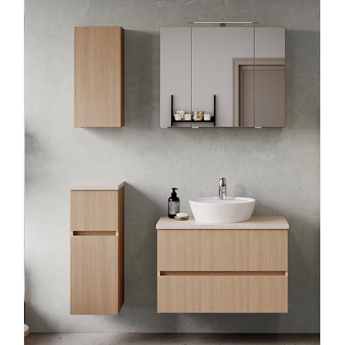 Badmöbel-Set 4-teilig in Eiche hell mit Sandsteinoptik, Waschtisch mit Aufsatzbecken 80 cm breit, Spiegelschrank mit Aufsatzleuchte, Hängeschrank und Unterschrank (stehend oder wandhängend montierbar) Badmöbel-Set 4-teilig in Eiche hell mit Sandsteinoptik, Waschtisch mit Aufsatzbecken 80 cm breit, Spiegelschrank mit Aufsatzleuchte, Hängeschrank und Unterschrank (stehend oder wandhängend montierbar) von Lomadox