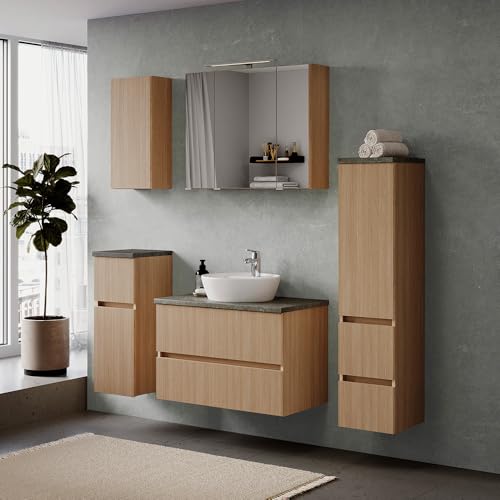 Badmöbel-Set 5-teilig, Eiche hell mit Steinoptik dunkel, Waschtisch mit Aufsatzwaschbecken 80 cm, Midischrank, Spiegelschrank mit Aufsatzleuchte, Hängeschrank und Unterschrank - stehend / wandhängend Badmöbel-Set 5-teilig, Eiche hell mit Steinoptik dunkel, Waschtisch mit Aufsatzwaschbecken 80 cm, Midischrank, Spiegelschrank mit Aufsatzleuchte, Hängeschrank und Unterschrank - stehend / wandhängend von Lomadox