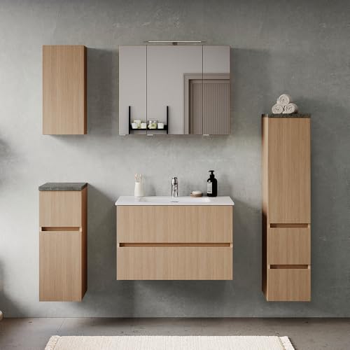 Badmöbel-Set 5-teilig, Eiche hell mit Steinoptik dunkel, Waschtisch mit Keramikwaschbecken 80 cm, Midischrank, Spiegelschrank mit Aufsatzleuchte, Hängeschrank und Unterschrank - stehend / wandhängend Badmöbel-Set 5-teilig, Eiche hell mit Steinoptik dunkel, Waschtisch mit Keramikwaschbecken 80 cm, Midischrank, Spiegelschrank mit Aufsatzleuchte, Hängeschrank und Unterschrank - stehend / wandhängend von Lomadox