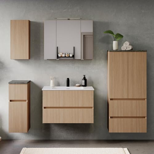 Badmöbel-Set 5-teilig, Eiche hell mit Steinoptik dunkel, Waschtisch mit Keramikwaschbecken 80 cm, Spiegelschrank mit Aufsatzleuchte, Hängeschrank, Unterschrank und Midischrank - stehend / wandhängend Badmöbel-Set 5-teilig, Eiche hell mit Steinoptik dunkel, Waschtisch mit Keramikwaschbecken 80 cm, Spiegelschrank mit Aufsatzleuchte, Hängeschrank, Unterschrank und Midischrank - stehend / wandhängend von Lomadox