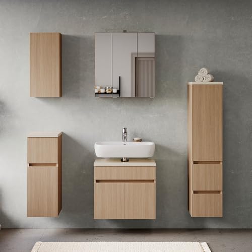 Badmöbel-Set 5-teilig in Eiche hell mit Sandsteinoptik, Waschbeckenunterschrank 60 cm breit, Midischrank, Spiegelschrank mit Aufsatzleuchte, Hängeschrank und Unterschrank - stehend / wandhängend von Lomadox