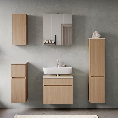 Badmöbel-Set 5-teilig in Eiche hell mit Sandsteinoptik, Waschbeckenunterschrank 60 cm breit, Midischrank, Spiegelschrank mit Aufsatzleuchte, Hängeschrank und Unterschrank - stehend / wandhängend Badmöbel-Set 5-teilig in Eiche hell mit Sandsteinoptik, Waschbeckenunterschrank 60 cm breit, Midischrank, Spiegelschrank mit Aufsatzleuchte, Hängeschrank und Unterschrank - stehend / wandhängend von Lomadox