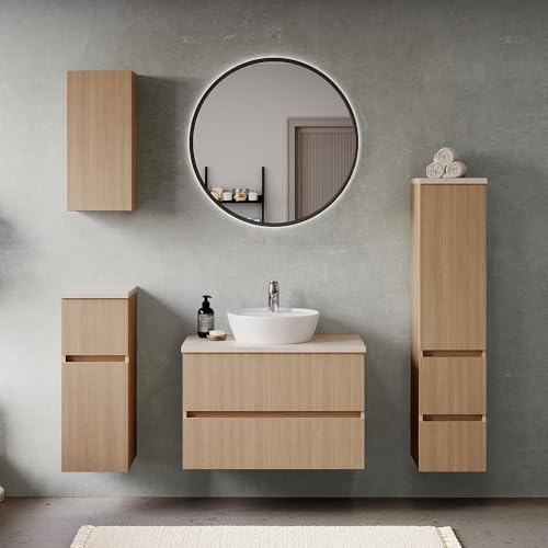 Badmöbel-Set 5-teilig in Eiche hell mit Sandsteinoptik, Waschtisch mit Aufsatzbecken 80 cm breit, LED-Spiegel, Hängeschrank, Unterschrank und Midischrank - teilweise stehend / wandhängend montierbar Badmöbel-Set 5-teilig in Eiche hell mit Sandsteinoptik, Waschtisch mit Aufsatzbecken 80 cm breit, LED-Spiegel, Hängeschrank, Unterschrank und Midischrank - teilweise stehend / wandhängend montierbar von Lomadox