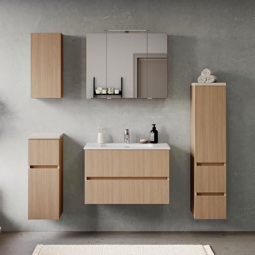 Badmöbel-Set 5-teilig in Eiche hell mit Sandsteinoptik, Waschtisch mit Keramikwaschbecken 80 cm, Midischrank, Spiegelschrank mit Aufsatzleuchte, Hängeschrank und Unterschrank - stehend / wandhängend Badmöbel-Set 5-teilig in Eiche hell mit Sandsteinoptik, Waschtisch mit Keramikwaschbecken 80 cm, Midischrank, Spiegelschrank mit Aufsatzleuchte, Hängeschrank und Unterschrank - stehend / wandhängend von Lomadox