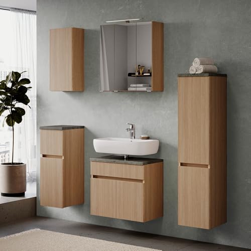 Badmöbel-Set 5-teilig in Eiche hell mit Steinoptik dunkel, Waschbeckenunterschrank 60 cm breit, Midischrank, Spiegelschrank mit Aufsatzleuchte, Hängeschrank und Unterschrank - stehend / wandhängend von Lomadox