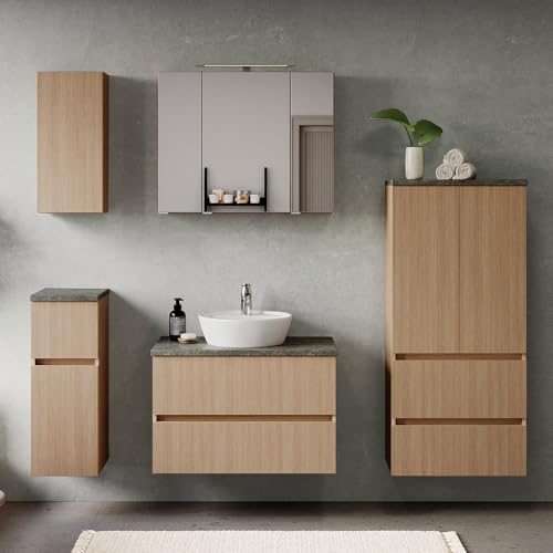 Badmöbel-Set 5-teilig in Eiche hell mit Steinoptik dunkel, Waschtisch mit Aufsatzbecken 80 cm, Spiegelschrank mit Aufsatzleuchte, Hängeschrank, Unterschrank und Midischrank - stehend / wandhängend Badmöbel-Set 5-teilig in Eiche hell mit Steinoptik dunkel, Waschtisch mit Aufsatzbecken 80 cm, Spiegelschrank mit Aufsatzleuchte, Hängeschrank, Unterschrank und Midischrank - stehend / wandhängend von Lomadox