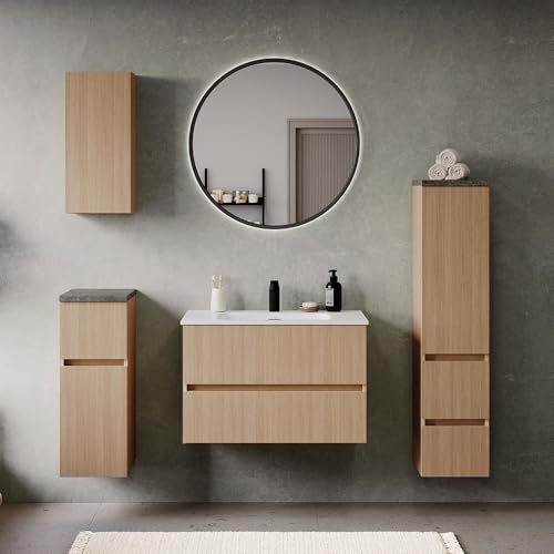 Badmöbel-Set 5-teilig in Eiche hell mit Steinoptik dunkel, Waschtisch mit Keramikwaschbecken 80 cm breit, LED-Spiegel, Hängeschrank, Unterschrank und Midischrank - stehend / wandhängend montierbar Badmöbel-Set 5-teilig in Eiche hell mit Steinoptik dunkel, Waschtisch mit Keramikwaschbecken 80 cm breit, LED-Spiegel, Hängeschrank, Unterschrank und Midischrank - stehend / wandhängend montierbar von Lomadox