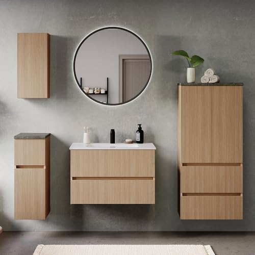 Badmöbel-Set 5-teilig in Eiche hell mit Steinoptik dunkel, Waschtisch mit Keramikwaschbecken 80 cm breit, LED-Spiegel, Hängeschrank, Unterschrank und Midischrank - stehend / wandhängend montierbar Badmöbel-Set 5-teilig in Eiche hell mit Steinoptik dunkel, Waschtisch mit Keramikwaschbecken 80 cm breit, LED-Spiegel, Hängeschrank, Unterschrank und Midischrank - stehend / wandhängend montierbar von Lomadox