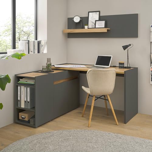 Büromöbel Set anthrazit mit Eiche 4-teilig modern, 1 Schreibtisch, 1 Kommode, 1 Regal, 1 Wandboard von Lomadox