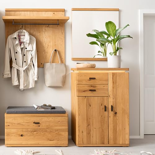 Flurmöbel Garderobenmöbel Flur Garderoben Set mit Spiegel, Paneel, Garderobenbank mit Sitzkissen und Kommode in Eiche teilmassiv, inkl. Beleuchtung modern von Lomadox