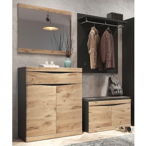 Garderobe modern Flurmöbel Set Flurgarderobe Kommode Spiegel Garderobenbank mit Sitzpolster Garderobenpaneel anthrazit, Eiche von Lomadox