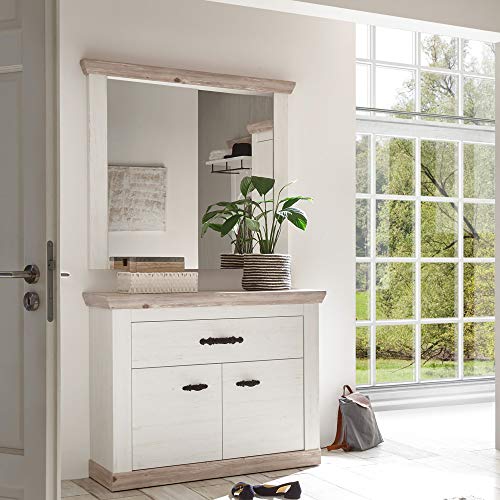 Garderoben Kommode mit Spiegel Landhausstil in Pinie weiß Nb. mit Pinie dunkel Nb., B/H/T: ca. 107/201/45 cm von Lomadox