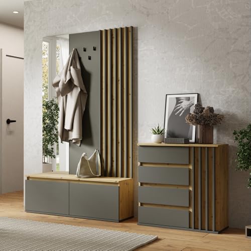 Garderoben Set Kommode und Garderobe mit Bank Paneel Spiegel Eiche Graphit Lamellen-Design von Lomadox