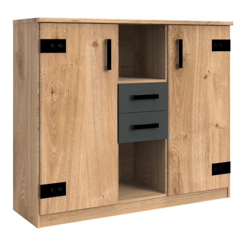 Highboard Kommode in Plankeneiche mit 2 Türen und 2 Schubkästen in Graphit, B x H x T ca. 124 x 105 x 41cm von Lomadox