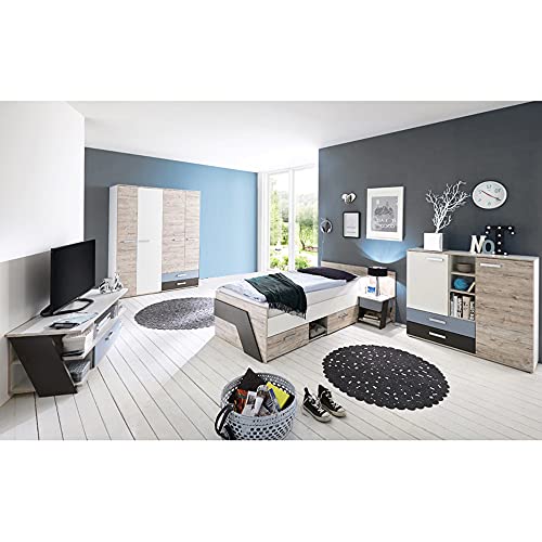 Jugendzimmer Kinderzimmer Komplett Set, Sandeiche mit weiß, Lava blau, 90x200 cm Kojenbett, Kleiderschrank, Nachttisch, Kommode, TV Lowboard von Lomadox